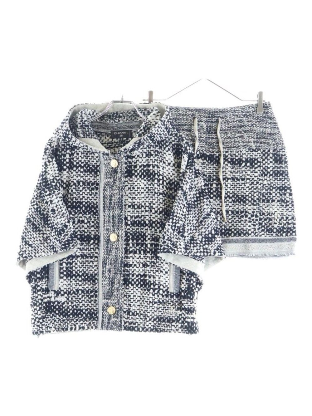 Chanel Set CC Logo Button Pile Jacquard Hooded Poncho Jacket Tight Mini Skirt